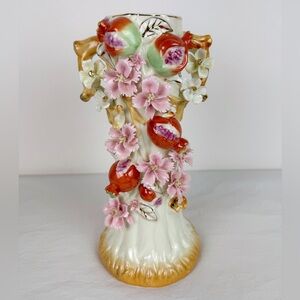 Vintage Floral Pomegranate Tree Stump Ceramic Vase